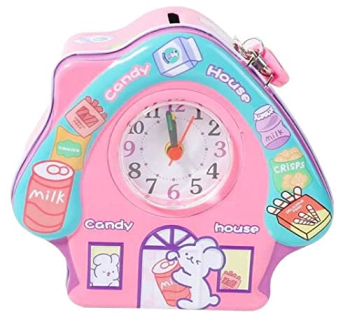 Image of WISHKEY Cute Attractive Metal House Piggy Bank With Battery Operated Clock, Security Lock & Keys For Kids Money Saving Storage Coin Collector Box Hut For Kids (Pack Of 1, Multicolor), Cottage