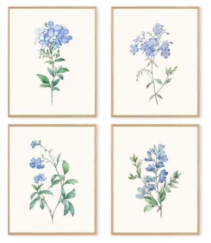 Cuadros botánicos coqueta azul para decorar un dormitorio de niñas con flores estilo chinoiserie