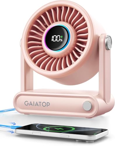 Image of Gaiatop Portable Quiet Desk Fan, 6000mAh Rechargeable Battery Fan with RGB Ring, 18Hrs Runtime, 5-Speed Strong Wind, Bedroom Office Desk Accessories, Gifts for Women Girls Mom (Pink)