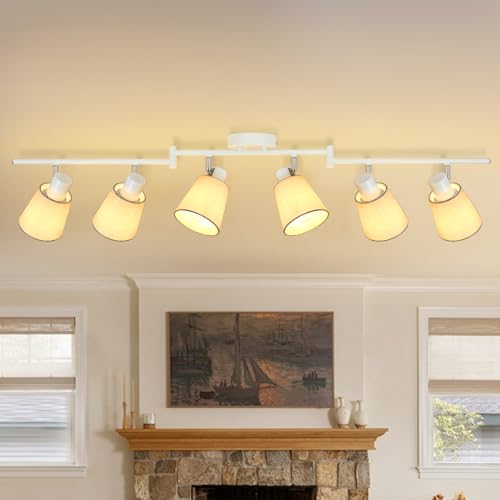 LTBLIGHT 6-Light Track Lighting Fixtures Ceiling, Flexibly Adjustable Spotlight with w/Linen Shade, E26 Lights Directional for Kitchen, Living Room, C