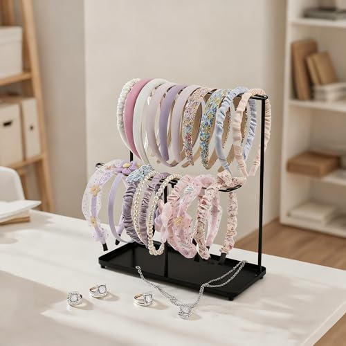 Image of Headband Holder Organizer Metal 2-Tier with Tray, Necklace Storage Hairband Rack Hair Accessories Display Stand Stand Home Bedroom College Dorm Decor for Girls Women (Black)