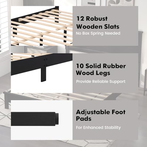 Image of GIANTEX Wood Queen Platform Bed Frame with Headboard, Mid Century Bed Frame with Solid Wood Legs & Wooden Slat Support, Easy Assembly Supports 500 LBS, Black Bed