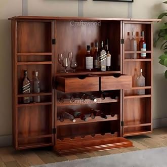 Credenza Solid Sheesham Wood Bar Cabinet for Living Room | Wooden Drinks Storage Rack with Bottle & Glass Holder | Handcrafted Home Bar Furniture – Honey Finish, No Assembly Required