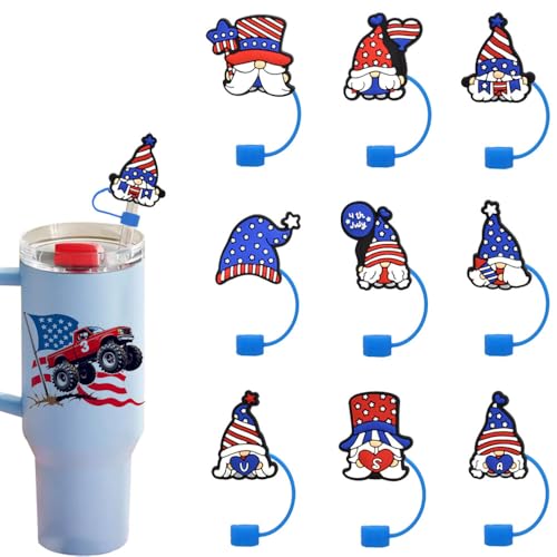 9 Pcs Patriotic Straw Cover Caps 4th of July USA Flag Straws Toppers 10mm Independence Day Straw Lid Caps for 30 and 40oz Tumbler Cups Durable Silicone Straws Protectors
