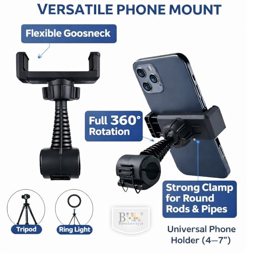 Image of BROLAVIYA 360 Adjustable Mobile Holder for Pipe & Rod Mount, Flexible Gooseneck Phone Clip Bracket, Universal Smartphone Holder for Camera, Tripod, Ring Light, Boom Arm, Black, 1 Piece