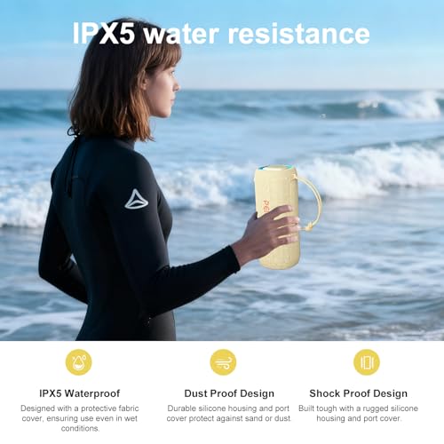 Image of PEICHENG Bluetooth Speaker, Portable Wireless Clear Loud Stereo Sound IPX5 Waterproof with RGB Lights BT5.3 Long Playtime TWS Pairing,for Home Party Outdoor Beach,Great Gift Choice (Beige)