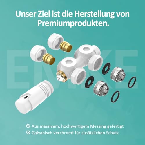 EMKE Multiblock Heizkörper Ventil-Armaturen, Hahnblock Heizungszubehör Eck und Durchgangsform 50mm, Ventilhahnblock Heizkörperventil mit Thermostat (Für 15mm+16mm Rohre * G1/2, 1 Stück, Weiß)