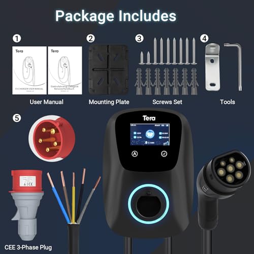 Tera Home Electric Vehicle EV Charger Level 2 UL Listed Cable with Cable Holder, Pure Copper Charging Cable, Support Vehicle's Scheduled Charging EVSE up to 32A 240V, Indoor Outdoor Model E2
