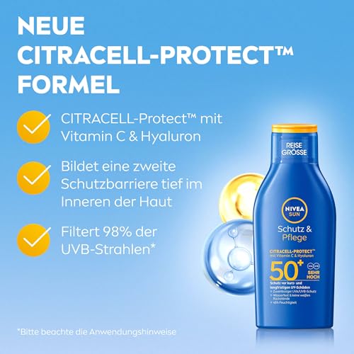 NIVEA SUN Schutz & Pflege Sonnenlotion LSF 50+, wasserfester Sonnenschutz mit Vitamin C & Hyaluron, schnell einziehende Sonnencreme für 48h Feuchtigkeit ohne weiße Rückstände (100 ml) – Bild 4