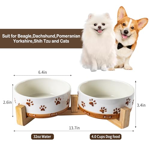 Ceramic Dog Bowls for Small and Medium Dogs, 4 Cups Dog Food and Water Bowl Set with Wooden Stand and Non-Slip Silicone Food Mat, Weighted Embossed Cute Puppy Bowls Feeding Dishes Set of 2 - Image 4