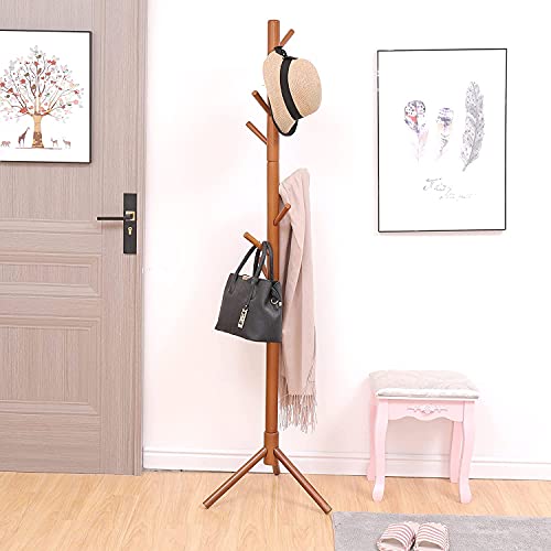 Image of Ginoya Brothers Wooden Coat Rack, Freestanding Hall Tree with Hooks Easy to Assemble Suitable for Children and Adult, Hat Clothes Rack Stand for Bedroom Office Entrance. (92-2 Walnut)
