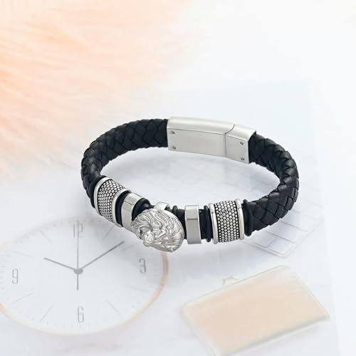 Pulsera de urna de león con cierre hermético de acero y cuero 3