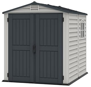 Duramax StoreMate PLUS 6 x 6 (3.65 m2) Plastic Garden Shed with Heavy-Duty Plastic Floor & Fixed Window, Strong Metal Roof Structure, Fire Retardant & Maintenance-Free Storage Shed, Dark Grey & Adobe