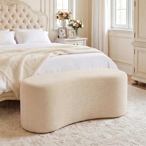 Image of Zesthouse Upholstered Ottoman Bench for Bedroom, 39.8 inch Curved Linen End of Bed Bench, Modern Small Bench Seat for Living Room Entryway Hall Mudroom, Soft Beige Fabric Coffee Table, Crescent Shape