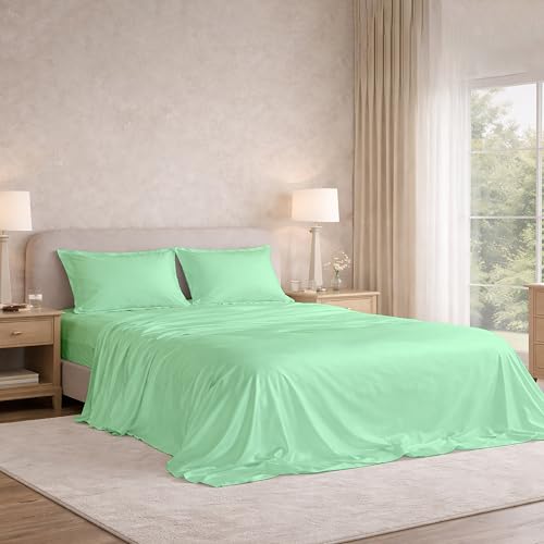 Image of Filbert Satin Bedsheet with 1 Pillow Cover | 60x90 in |300 TC | Midnight Luxe Satin Dreams Collection for Single Bed | UltraSatin Premium Bedding Set | Aqua Green