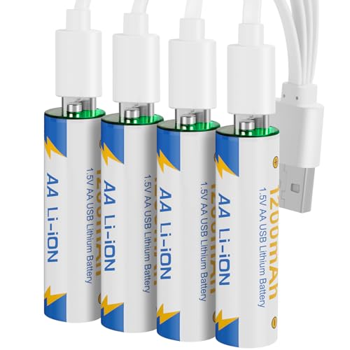 TOPUSSE 4 Pack USB Rechargeable AA Batteries with 4 in 1 Charging Cable, 1.5V Lithium Double A Size Battery 1200mAh for Blink Camera Xbox