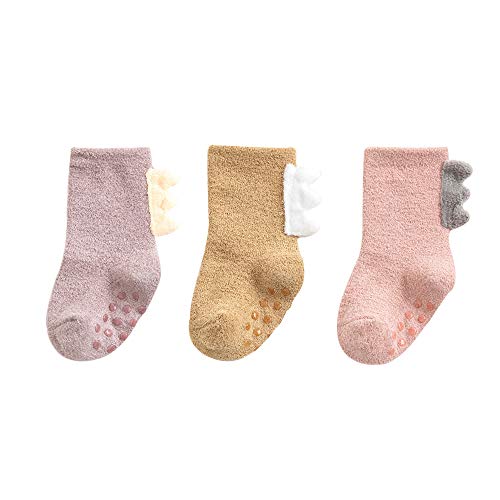 売り値価格 3足セット 子供の靴下 可愛い恐竜の形 室内履き 冬用 暖かい ルームシューズ ベビー ソックスシューズ 赤ちゃん 子供 幼児 滑り止め 柔らか 通気性 出産祝い 誕生日プレゼント パープル ピンク カーキ色 M 1 3歳 11cm None ナン サープラ