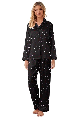 Image of Schbbbta Girls & Women Satin Pajamas Set, 2Piece Silk Nightwear Button-Down Sleepwear for Teen Kids, 3 Years - Women XXL