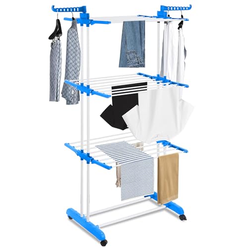 ASAB Foldable Clothes Airer Retractable Clothes Drying Rack Laundry Dryer Ample Drying Space Rust Resistant Stainless Steel Space Saving Indoor Outdoor Air Dryer (4 TIER FOLDABLE CLOTHES AIRER BLUE)