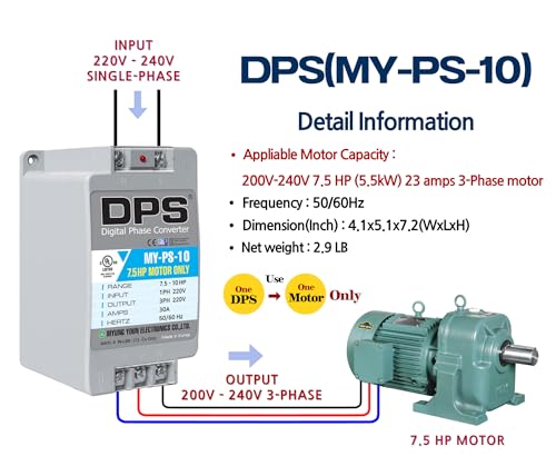 DPS 10HP MY-PS-10 Used for 7.5HP(5.5kW) 23A Motor, Single to 3 Phase Converter, 1 DPS Must Be Used for 1 Motor Only, Input/Output 200-240V, UL Listed
