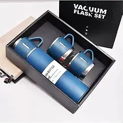 Kit Garrafa Térmica Inox 500ml com 3 Xícaras Portátil Ideal para Camping Viagem e Uso Diário (Azul)