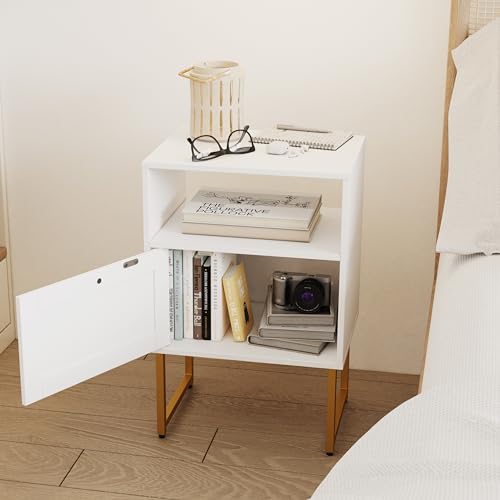 Image of JOONEE Rattan Nightstand,Farmhouse Bedside Table with Storage Drawer and Open Shelf,Modern Boho Small Gold Frame Side End Table for Bedroom,Living Room,Office(White)