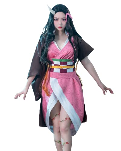 FCCAM Nezuko Cosplay Set Anime Demon Nezuko Costume con tubo per adulti Halloween Cosplay XS/S