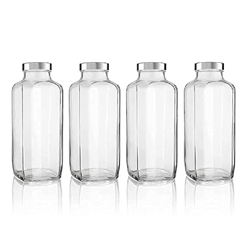 Image of Glass Water Bottle Set of 4 with Stainless Steel Lid, 1000ml Leakproof Juice Bottle, Reusable Drinking Bottle for Water, Detox, Juice, Smoothies & Fridge Storage