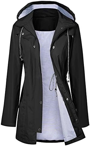 Women Rain Jacket Belted Adjustment Hooded Long Lightweight Packable Outerwear Waterproof Breathable Cotton Lined Raincoat Black M