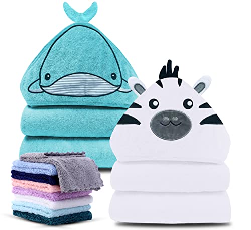Image of Cute Castle 2 Pack Hooded Baby Towel Rayon Made from Bamboo with 8 Washcloths - Soft Bath Towel for Bathtub for Babie, Newborn, Infant, Natural Baby Stuff Towel (Zebra and Whale)