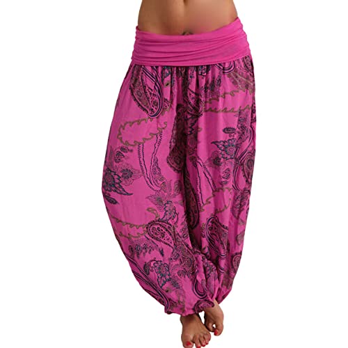 Maiyifu-GJ Women's Printed Wide Leg Palazzo Pants Loose Fit Casual Floral Print Harem Trousers Summer Soft Baggy Lounge Pant (Rose Red,4X-Large)