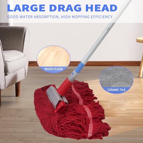 Image of Commercial Mop-Heavy Duty Industrial 59 inch Looped-End String Mop Heavy Duty Industrial Cotton Mophead Includes 2 Head for Home,Garage, Workshop, Warehouse Floor Cleaning-red