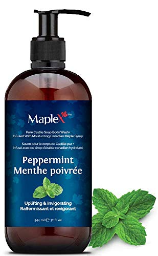 MapleX Naturals Castile Soap Infused with Canadian Maple Syrup, Made from Olive Oil, Coconut Oil and Vitamin E Oil, Use as Body Wash Liquid Soap, Hand Soap, for Men and Women, 944ml (Peppermint, 32oz)