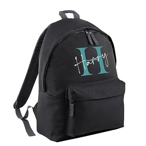 Image of Print Maniacs Personalised Any Name Large 18L Kids Travel Backpack Junior Shoulder Collage Rucksack School Lunch Swimming P.E Laptop Book Bag (Black, Black/White Text)