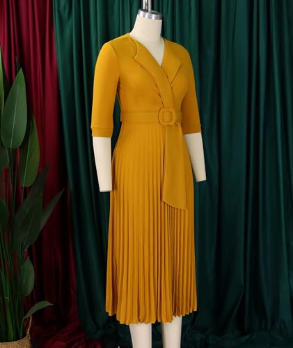 Image of SOMTHRON Women's Elegant 3 /4 Sleeve Blazer Dress V Neck Lapel Pleated Business Work Swing Midi Dress with Belt