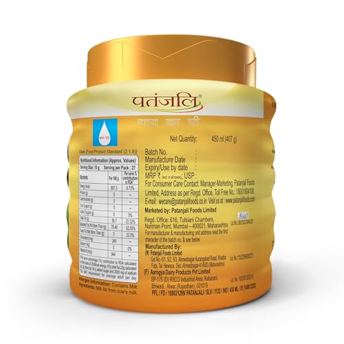 Image of Patanjali Cow Ghee Jar 450ml - Pure Danedar Rich Aroma Gau Ghrita Cow Milk Ghee | Suitable for Cooking Sweets & Daily Use | No Additives (Pack of 3)