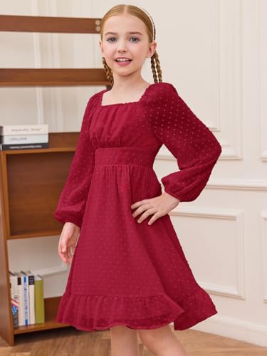Haloumoning Girls Long Sleeve Dress Kids Ruffle Tiered Dress Swiss Dot Flowy A Line Dresses 5-14 Years3