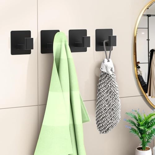 Image of Adhesive Shower Hooks, Towel Hooks for Hanging Robe, Coat, Hat, Loofah, Heavy Duty Wall Hooks Stick on Bathroom, Kitchen and Office (2 Pack, Black)