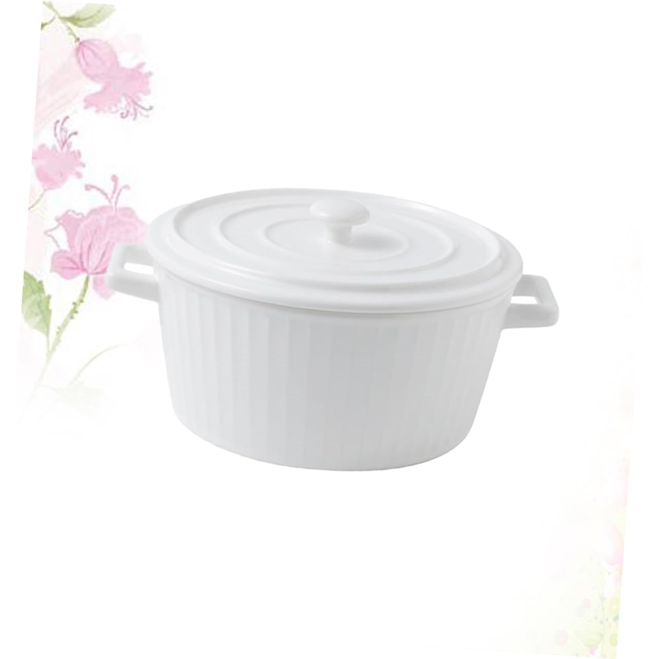 Bol avec Couvercle à Double Anse en Céramique Blanc | Compatible Micro-ondes, Isolation Alimentaire, Usage la Cuisine et Mélange de Salade, Format Simple et Moderne