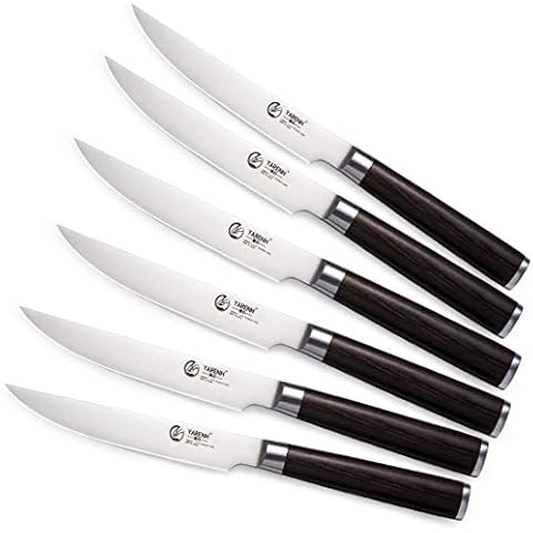 YARENH 6-Piece Steak Knife Set with 5-inch Sharp Blades,Non-Serrated,Made of German High-Carbon Stainless Steel,and Black Pakkawood Handles,Fruit Paring Knife Set Cover