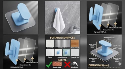 Image of ELMVIA Self Adhesive Hooks /Wall Hangings Hook /Waterproof Hooks for Wall Without Drilling Heavy Duty Bathroom Kitchen Towel Wall Hooks for Hanging Strong Coat (6, Blue Nail Hook)