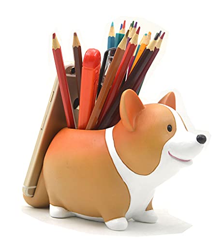 Cute Desk Accessories Corgi Pen Pencil Holder with Phone Stand Home Office School Desk Decor Corgi Gift Art Figurines Home Living Room Aesthetic Floating Shelf Coffee Table Bathroom Counter Decor