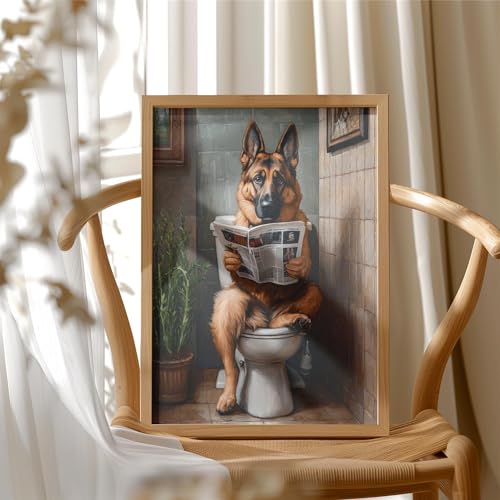 Image of German Shepherd on Toilet Wood Framed Wall Art Print Poster, Dog Bathroom Humor Decor Posters Prints for Restroom Home Picture Painting Artwork Gallery 7 (German Shepherd, 11 inchW x 14 inchL, Wood Frame)