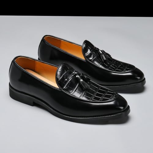 Men's Tassel Loafers Crocodile-Pattern PU Leather Slip-On Dress Shoes for Business, Wedding, and Casual Wear (Black/Brown),Black,103