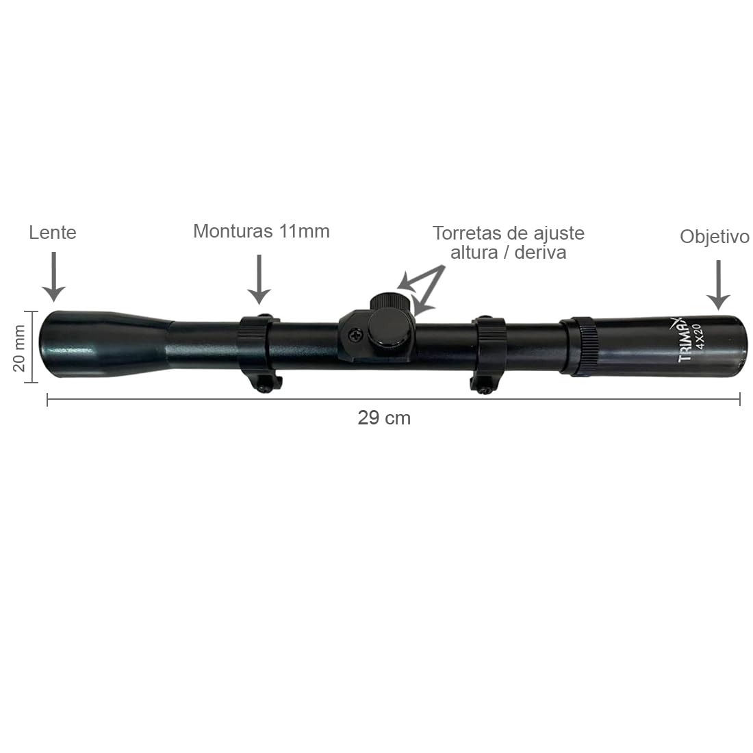 Mira telescópica TRIMAX 4X20 para rifles y escopetas de aire comprimido con montura 11mm