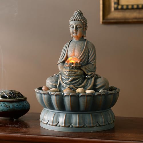 Kalona K21125A Home Décor 9.6 Inch Tabletop Fountain Exquisite Smile Sitting Buddha Fountains Desk Water Fountain Decorative Zen Fountain W/Reflective Lighting/Cobblestone Office And Home Decor thumb #4