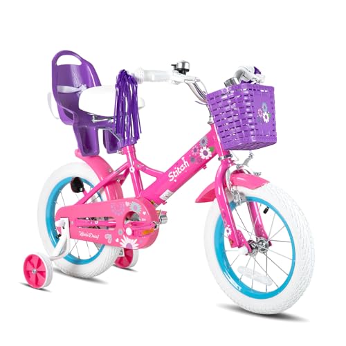 STITCH Little Daisy 14 Zoll Kinderfahrrad für 3-5 Jahre Kinderfahrrad, 14 Zoll Fahrrad für Mädchen mit Stützrädern mit Korb & Luftschlangen, Lila