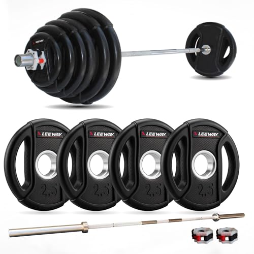 Image of Leeway Olympic Barbell Rod with Plates (10kg Set) | 7ft Chrome Otis Bar 20kg + Weight Plates | 51mm Rubber Coated Olympic Plate | Home Gym Weight Lifting Combo (Black, 10kg Set (2.5kg X 4))
