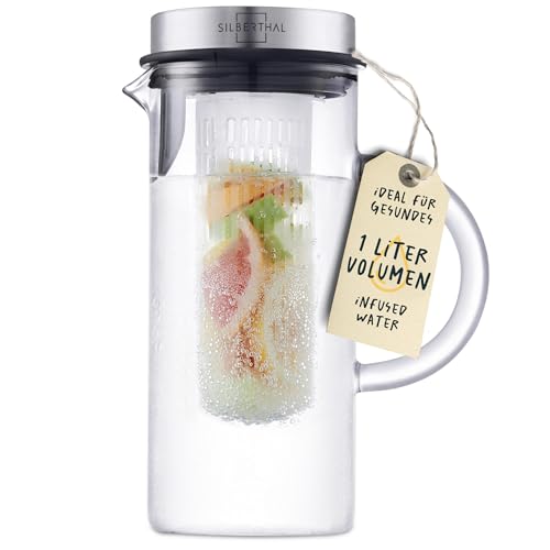 SILBERTHAL Glaskaraffe mit Deckel - 1 Liter Karaffe mit Fruchtsieb- Spülmaschinenfest & Hitzebeständig
