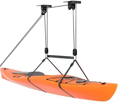 TRUSOON Ceiling Kayak Hoist, Heavy Duty Kayak Pulley System for Garage, Hold Up to 150 lbs Capacity, Canoe Garage Lift Storage System, Fit 10-14 Foot Ceilings, Black